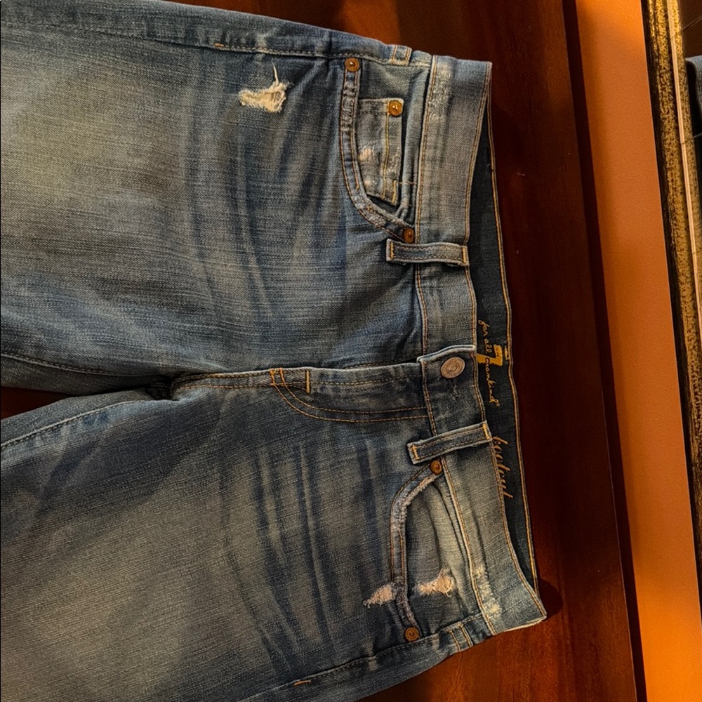 7 For All Mankind Distressed Light Blue Boot Cut Jeans